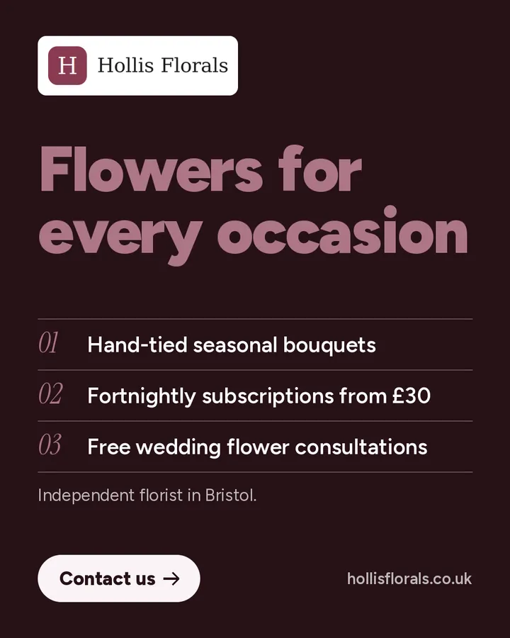 Same-day delivery, Mon to Sat (sample ad for Hollis Florals)