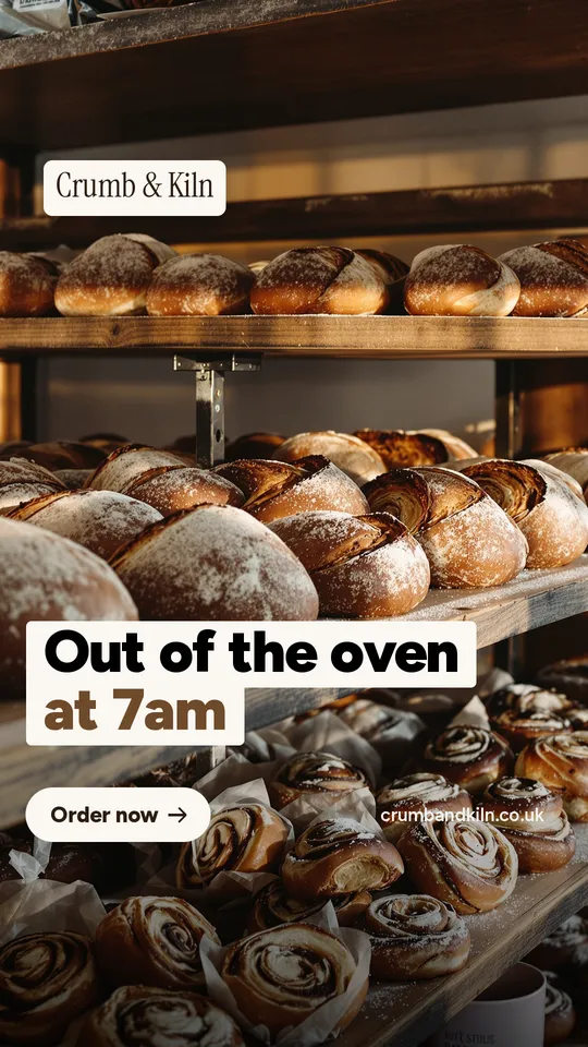 Sample full-screen story ad: Out of the oven at 7am